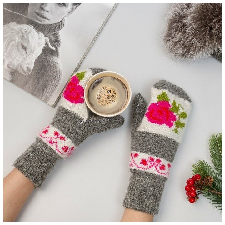 фото Варежки женские шерстяные, цвет серый, размер 20-22