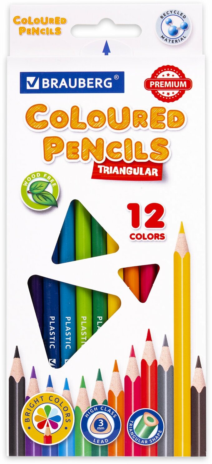 Карандаши пластиковые цветные для рисования Brauberg Premium, 12 цветов, пластиковые, трехгранные, грифель мягкий 3 мм, 181661