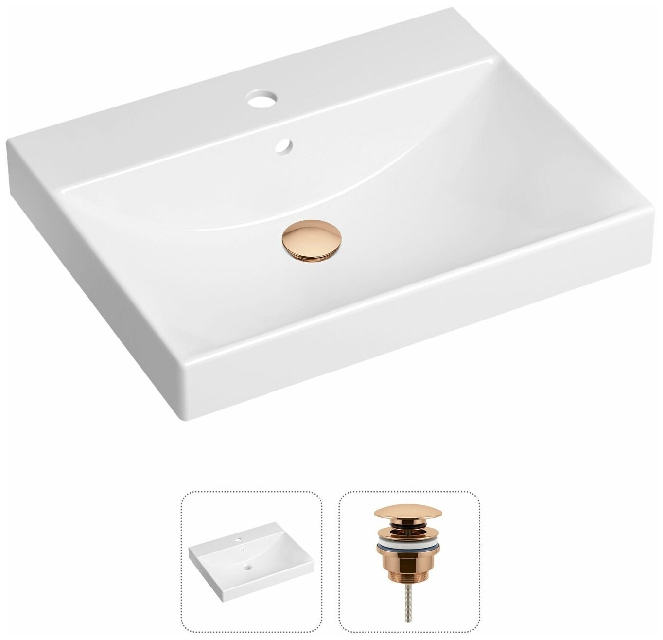 Врезная раковина в ванную Lavinia Boho Bathroom Sink 21520895 в комплекте 2 в 1: умывальник белый, донный клапан в цвете розовое золото