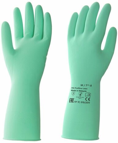 Перчатки латексные КЩС, прочные, хлопковое напыление, размер 7,5-8 M, средний, зеленые, HQ Profiline, 73583 (арт. 608754)