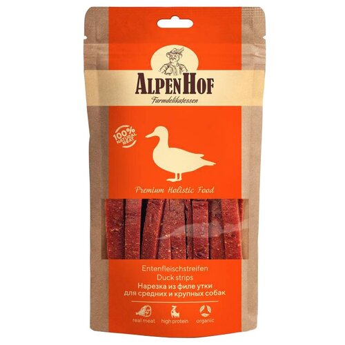 Лакомство для собак AlpenHof Нарезка из филе утки для средних и крупных пород, 80 г мясо утки сыровяленое нарезка 100г