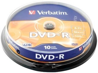 Диск Verbatim DVD-R 4.7Gb 16x 10шт Cake Box