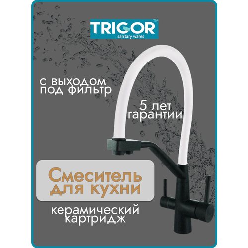 Смеситель для кухни, смеситель, кран для кухни, Trigor с гибким изливом, с выходом под фильтр, черный белый