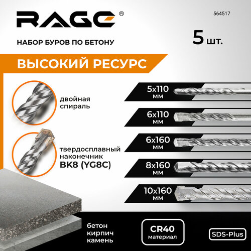 Набор буров по бетону 56х110 6810х160 SDS-plus RAGE by VIRA 482₽