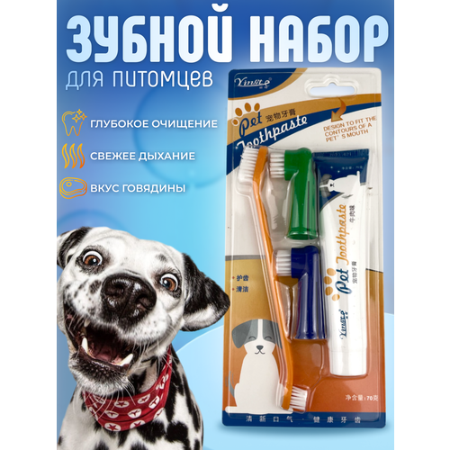 Набор с зубной пастой с щеткой и двумя напальчниками для груминга и бережного ухода за зубами кошек и собак