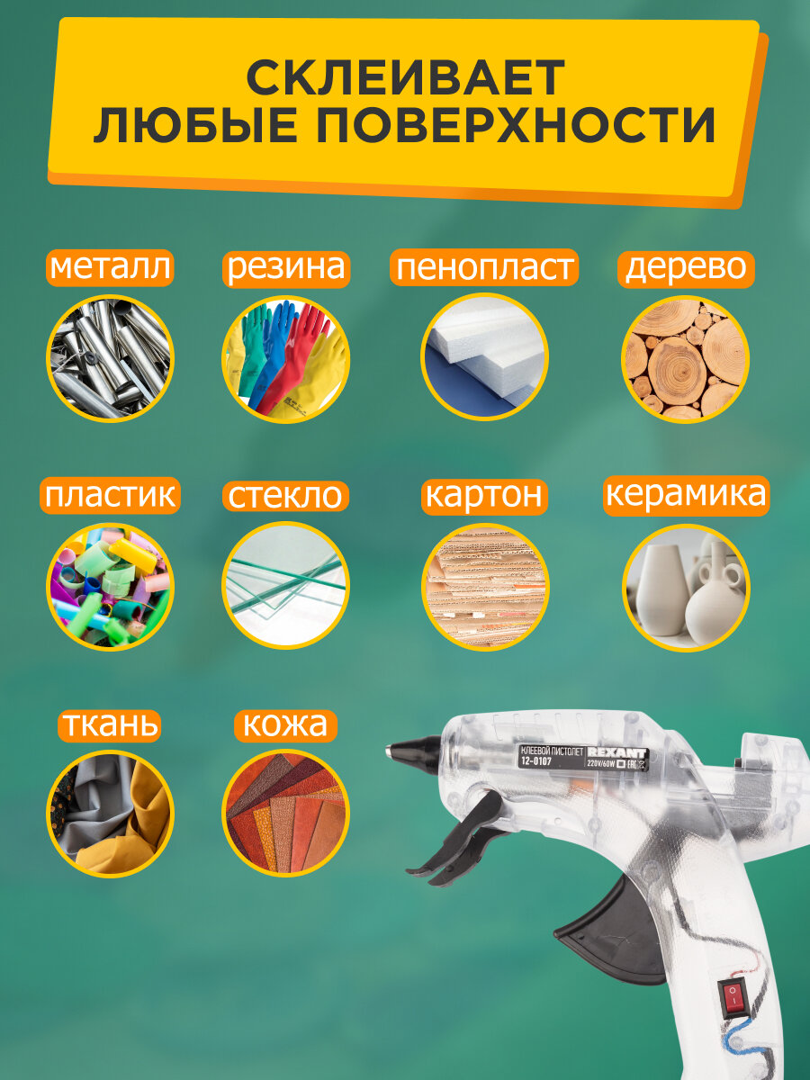 Клеевые Пистолеты Xiaomi Пистолет клеевой REXANT, 60 Вт, d11 мм, прозрачный корпус, с кнопкой, блистер