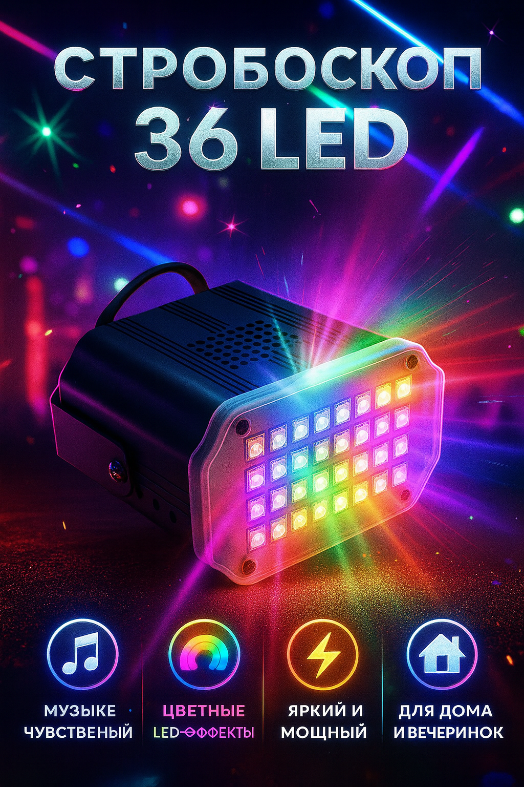 Стробоскоп светильник DJ LED мини стробоскоп 36 LED – освещение для музыки и вечеринок