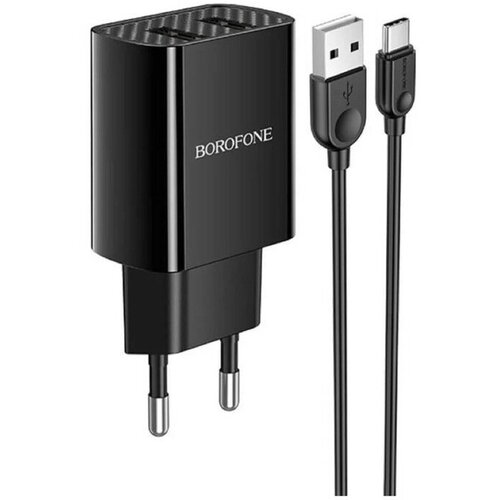 Сетевое зарядное устройство Borofone BA53A, 2xUSB, 2.1 А, кабель Type-C, чёрное сетевое зарядное устройство 2usb 2 1a в комплекте с дата кабелем type c borofone ba53a 1м