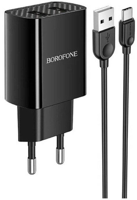 Сетевое зарядное устройство Borofone BA53A, 2xUSB, 2.1 А, кабель Type-C, чёрное
