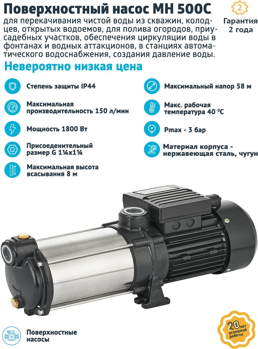 Поверхностный насос UNIPUMP MH-500C (1800 Вт) — фото 1