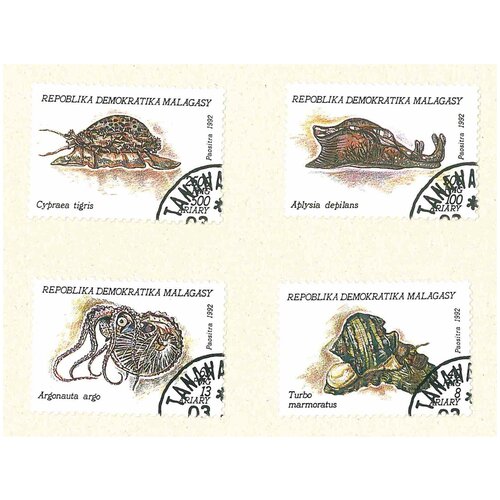 Набор почтовых марок Малагасийской республики, серия морская фауна, 4 шт, гашёные, 1992 г. в. набор почтовых марок кубы серия бабочки 4 шт гашёные 1993 г в