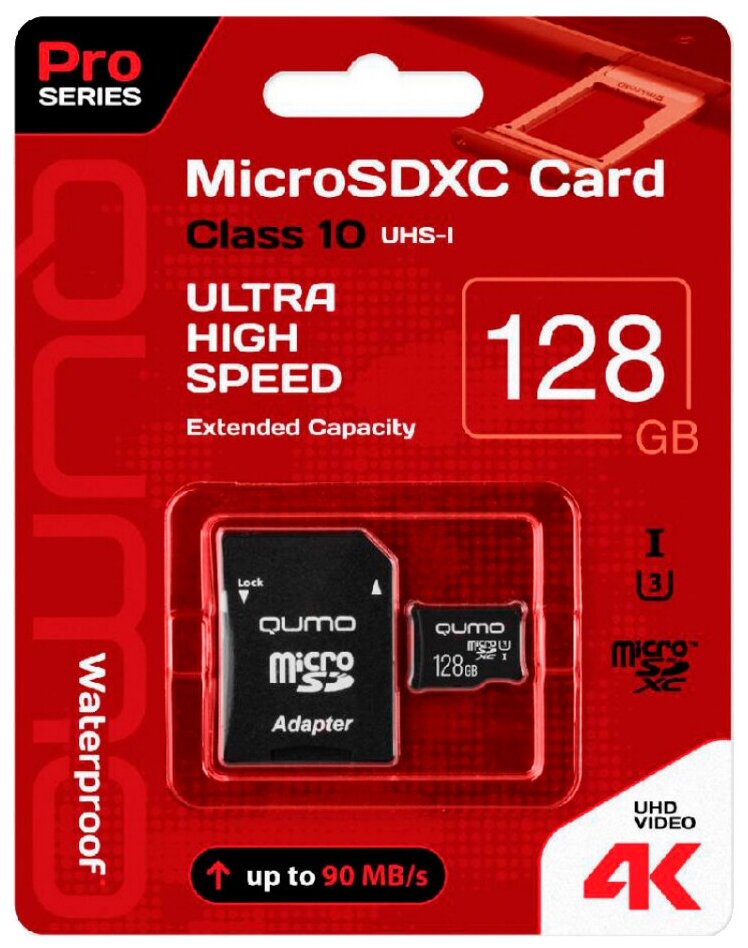 Карта памяти Qumo MicroSDXC 128 Gb 90/70 МБ/с UHS-I + ADP (QM128GMICSDXC10U3)