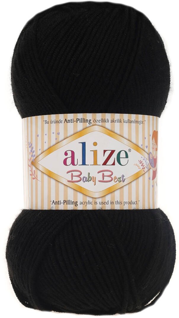 Пряжа для вязания ALIZE 'Baby Best', 100г, 240м (10% бамбук, 90% акрил) с эффектом Антипиллинг (60 черный), 5 мотков