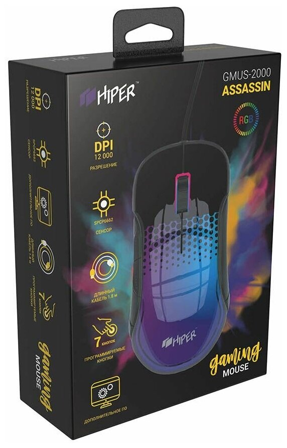 Мышь HIPER ASASSIN GMUS-2000 проводная оптическая 12000 dpi USB SPCP6662 7 кнопок подсветка RGB цвет черный