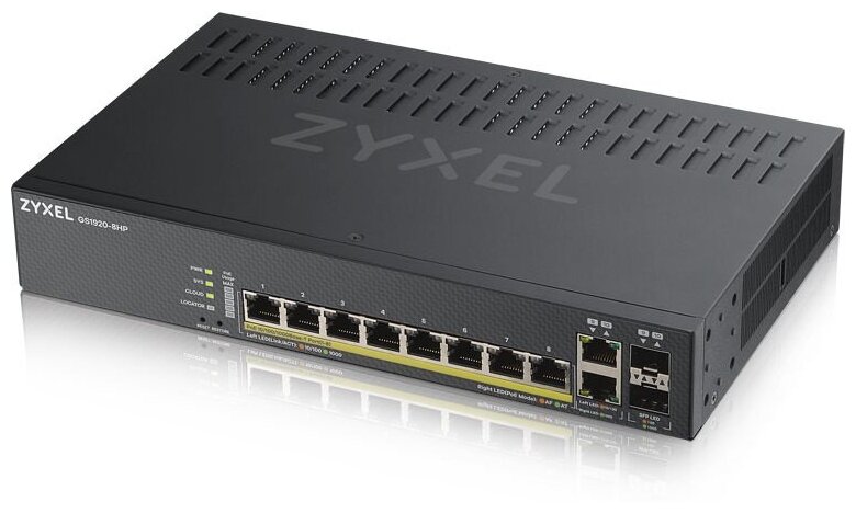 Коммутатор/ ZYXEL GS1920-8HPv2 Hybrid Smart switch PoE+ ZYXEL Nebula Flex, 8xGE PoE+, 2xCombo (SFP/RJ-45), silent (fa