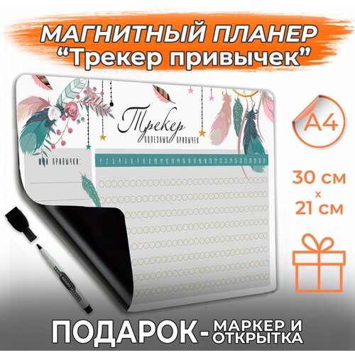 Магнитный планер, планинг-доска планер на холодильник, планировщик, PaperFox, формат размер А4, магнитный, 21см на 30см, зеленый, голубой, белый