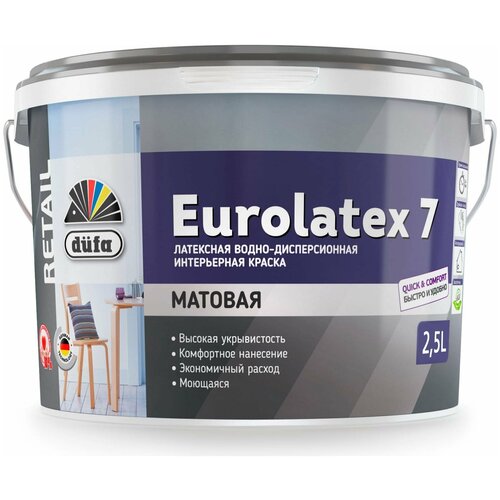 Краска латексная Dufa Retail Eurolatex 7 матовая белый 2.5 л краска dufa eurolatex 7 латексная интерьерная 10л