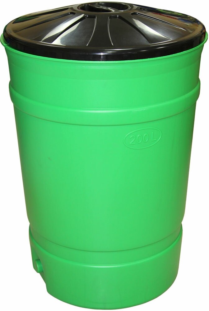 Бочка-бак пластиковая дачная для воды мусора с крышкой, объем 200 л, цвет зеленый