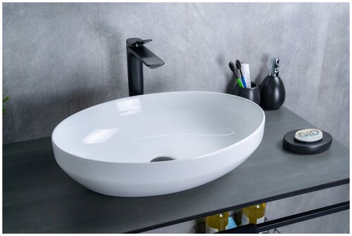 Комплект 2 предмета: Накладная белая раковина для ванной Gid D1469 с сифоном А-3202