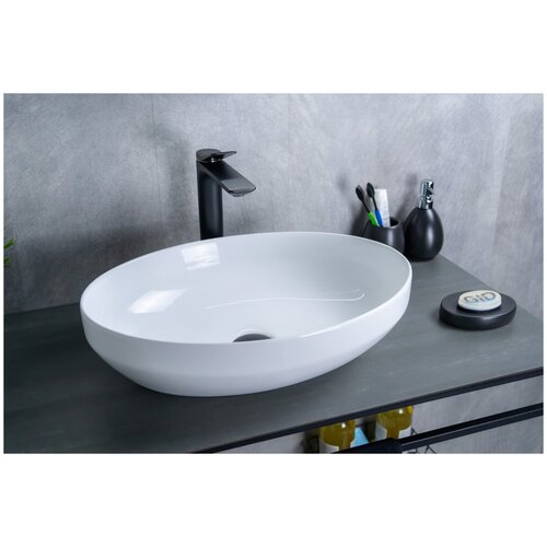 Комплект 2 предмета: Накладная белая раковина для ванной Gid D1469 с сифоном А-3202