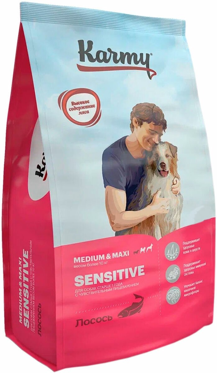 KARMY SENSITIVE MEDIUM & MAXI для взрослых собак средних и крупных пород с чувствительным пищеварением с лососем (2 кг)