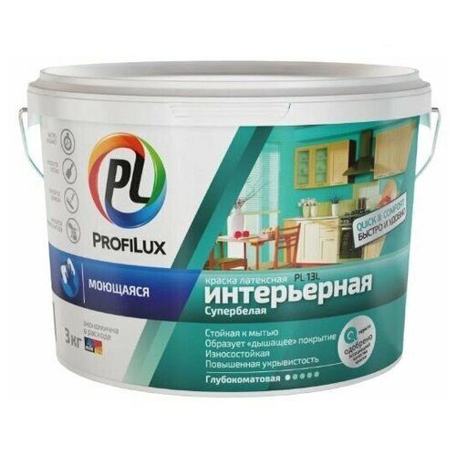 Краска для стен и потолков для влажных помещений латексная Profilux PL-13L глубокоматовая супербелая база 1 7 кг.