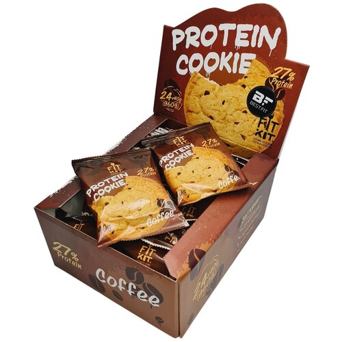 Fit Kit, Protein Cookie, упаковка 24шт по 40г (кофе) протеиновое печенье в шоколаде без сахара fit kit chocolate protein cookie 5шт x 50г двойной шоколад