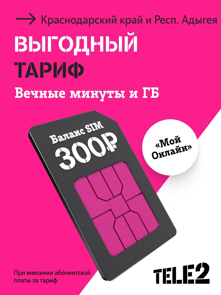 Sim-карта Tele2 для Краснодарского края баланс 300 рублей