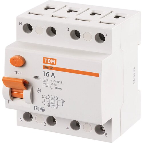 УЗО TDM Electric ВД1-63 4Р 16 А 30 мА 4.5 кА AC SQ0203-0028 tdm узо вд1 63 4р 32а 30ма sq0203 0035