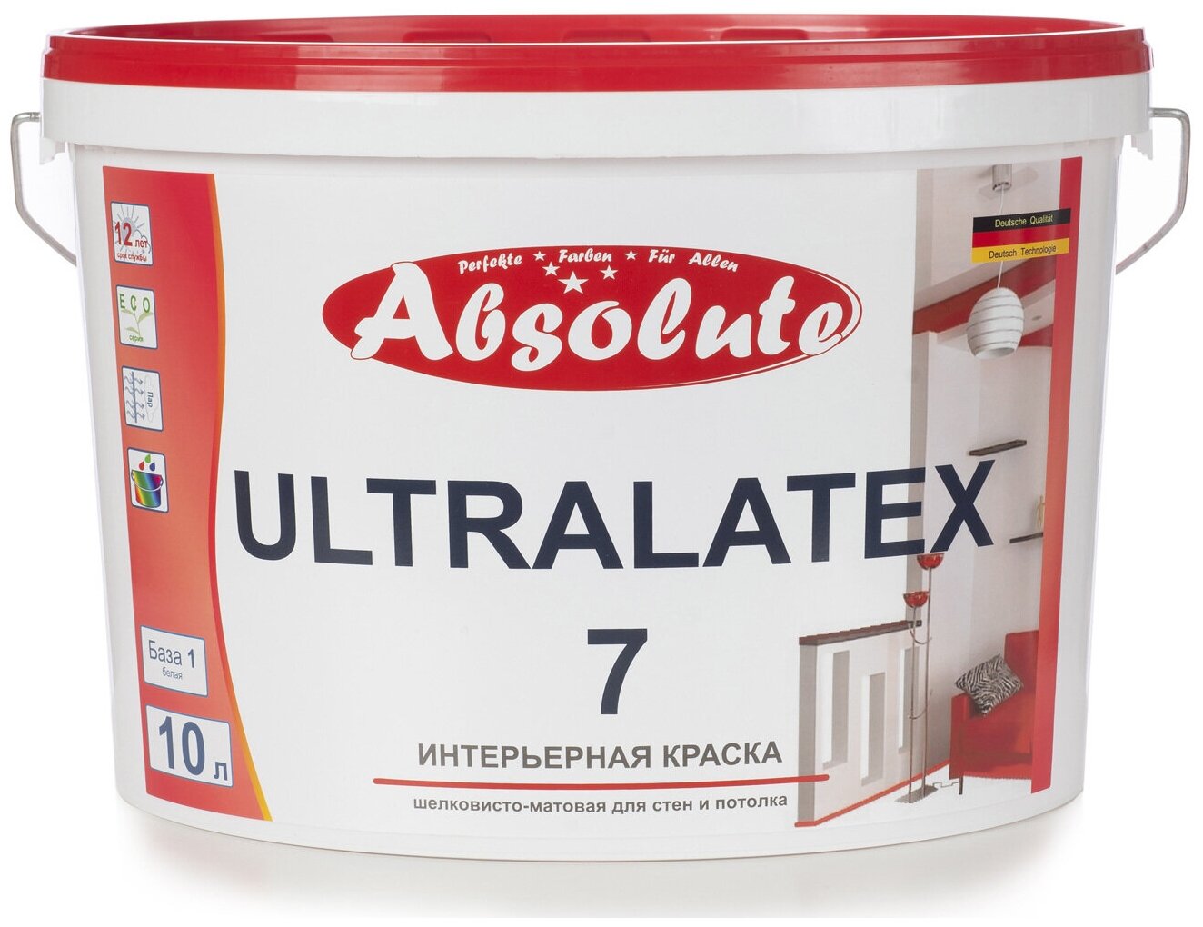 Краска Absolute Ultralatex 7, Гладкая, Водно-дисперсионная, Латексная, Полуматовое покрытие, 2.35 л, прозрачный