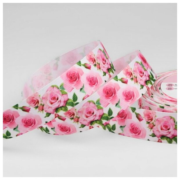 Лента репсовая "Розы", 25 мм, 18 +- 1 м, цвет белый/розовый
