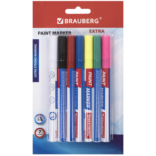 Маркер-краска лаковый EXTRA (paint marker) 2 мм, набор 7 цветов, усиленная нитро-основа, BRAUBERG, 151996
