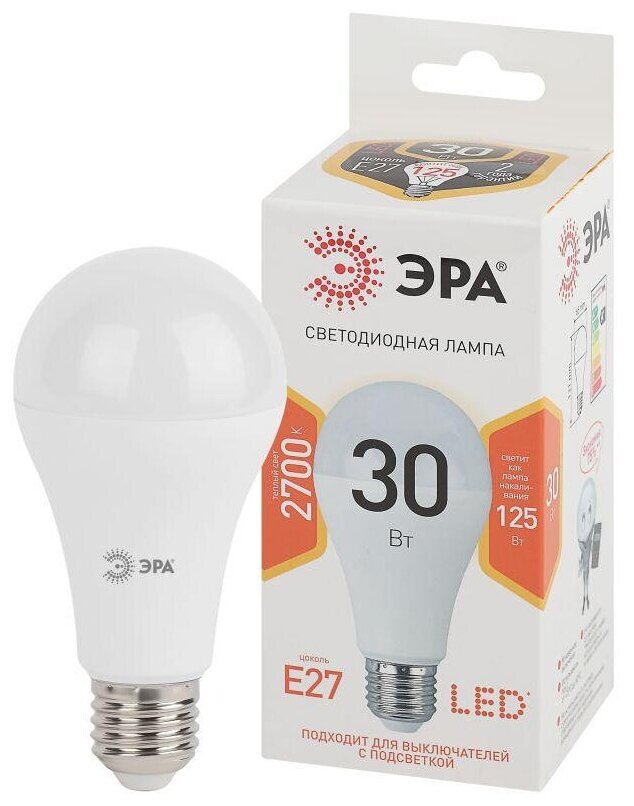 Лампа светодиодная LED A65-30W-827-E27 A65 30Вт груша E27 тепл. бел, ЭРА Б0048015 (1 шт.)