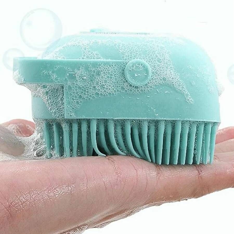 Массажная силиконовая щетка для мытья животных с дозатором для шампуня, бирюзовый - фотография № 5