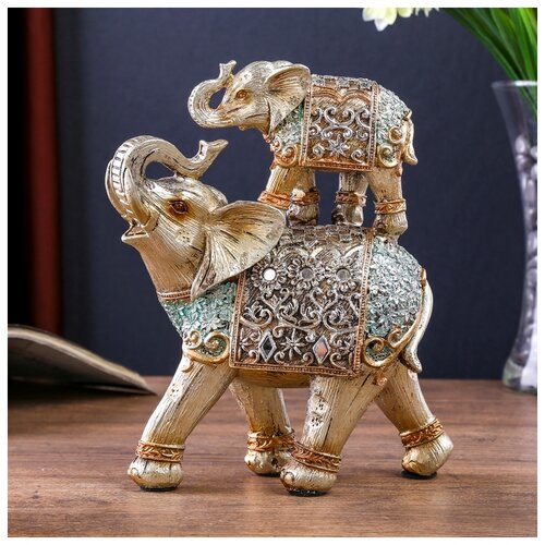 фото Сувенир полистоун "серебристые слоны в ажурных бирюзовых попонах с цветами" 18х15,4х6,7 см 3676926 сима-ленд