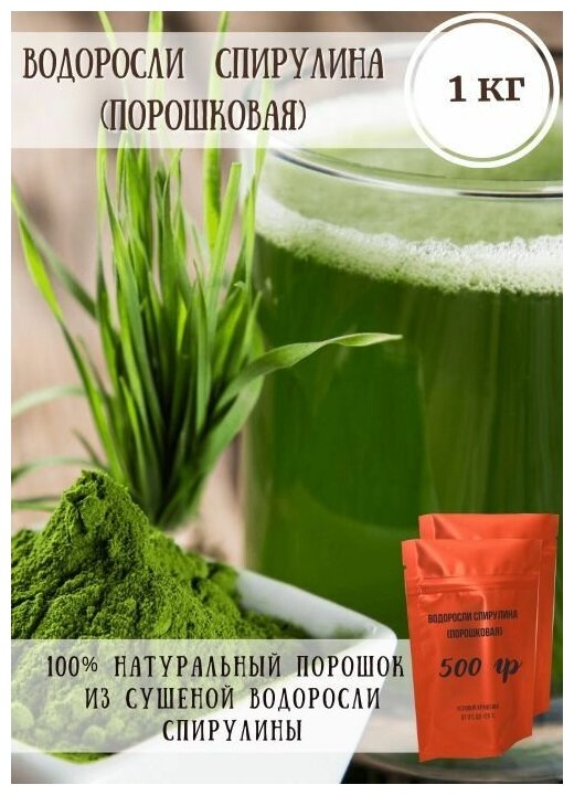 Спирулина водоросли (порошок) 1 кг (2 * 500 грамм) натуральная добавка с высоким содержанием растительного белка