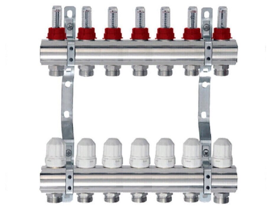 Коллектор с расходомерами, никелированная латунь, 1", 7 вых, TIM арт. KD007