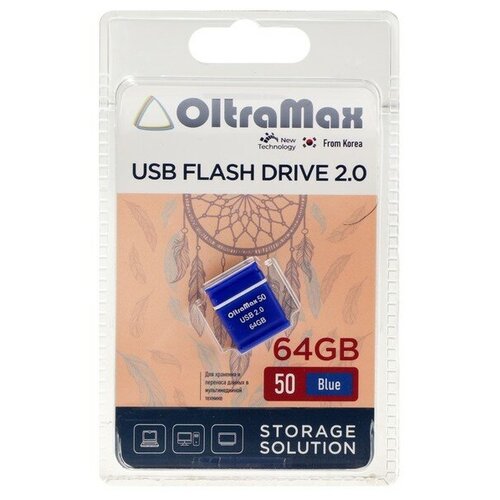 Флешка OltraMax 50, 64 Гб, USB2.0, чт до 15 Мб/с, зап до 8 Мб/с, синяя