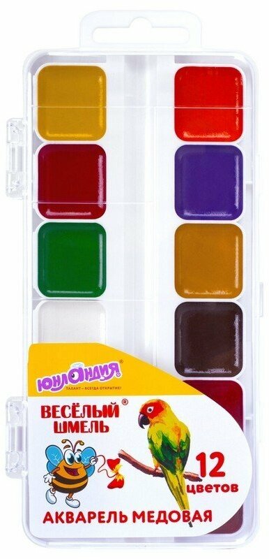 фото Краски акварельные для рисования Юнландия Весёлый Шмель, медовые, 12 цветов, квадратные кюветы, пластик, 192362