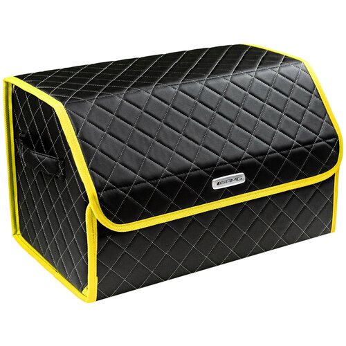 фото Сумка-органайзер в багажник автомобиля из экокожи черная с серой нитью vicecar (желтый кант) с логотипом amg