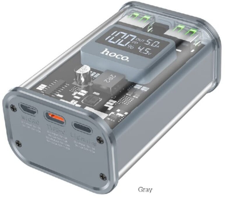 Портативный внешний аккумулятор Hoco J105 Led Dynamic Display, PD 20W/SCP 22.5W + Кабель зарядки, Серый
