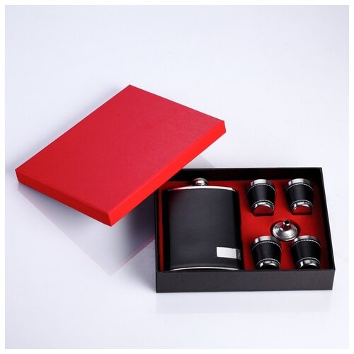 фото Подарочный набор "классика" 6 в 1: фляжка 270 мл, воронка, 4 рюмки, чёрный, 17х23 см 118320 сима-ленд