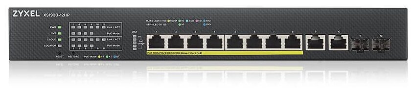 Коммутатор/ ZYXEL Hybrid Smart PoE ++ ZYXEL NebulaFlex XS1930-12HP switch, 19 "rack, 10xRJ-45: 1 / 2.5 / 5 / 10G (8 of