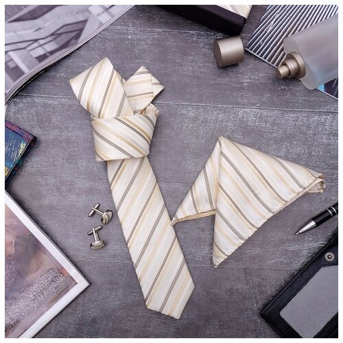 фото Набор мужской "элит" галстук 145*5см, платок, запонки, полоски, цвет бежевый 3467419 сима-ленд