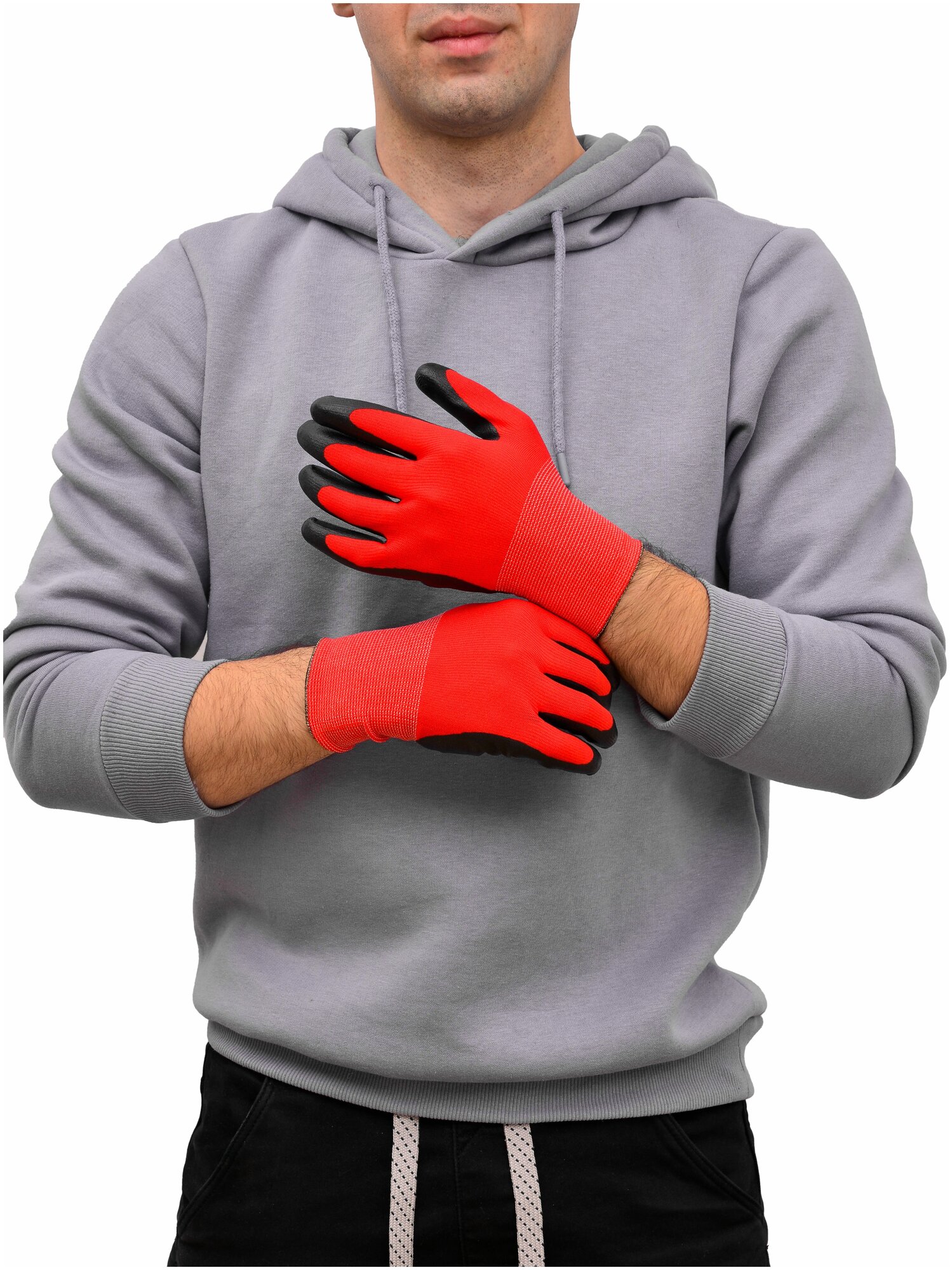 Перчатки нейлоновые с нитриловым обливом Люкс, садовые перчатки рабочие, красные, 5 пар