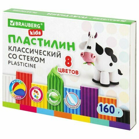 Пластилин классический BRAUBERG KIDS, 8 цветов, 160 г, со стеком, 106501