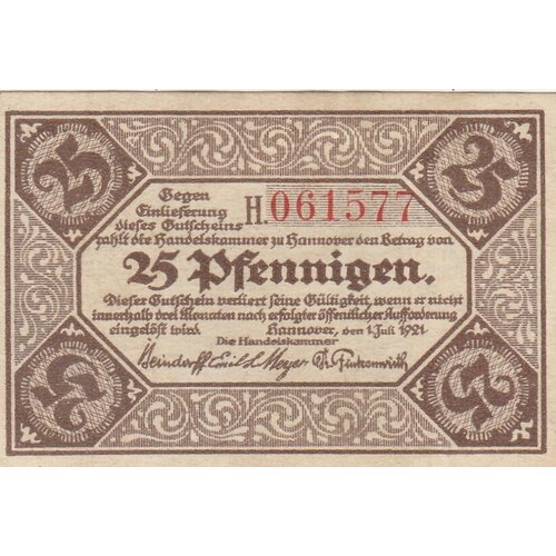 Германия (Веймарская Республика) Ганновер 25 пфеннигов 1921 г. (5) германия веймарская республика ганновер 50 пфеннигов 1921 г 2