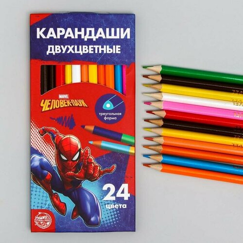 Карандаши цветные Marvel 24 цвета, двухсторонние, Супергерой, Человек-Паук карандаши цветные 24 цвета супергерой человек паук