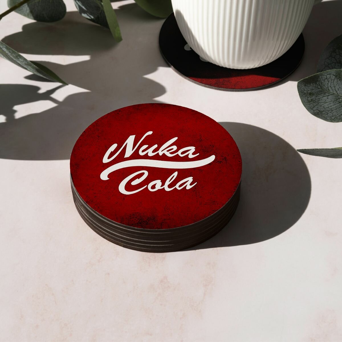 фото Подставка под кружку и стакан Nuka Cola Fallout 76, подставка для чашки и бокала Nuka Cola Fallout 76, бирдекель круглый, пробковое основание, набор из 2 штук