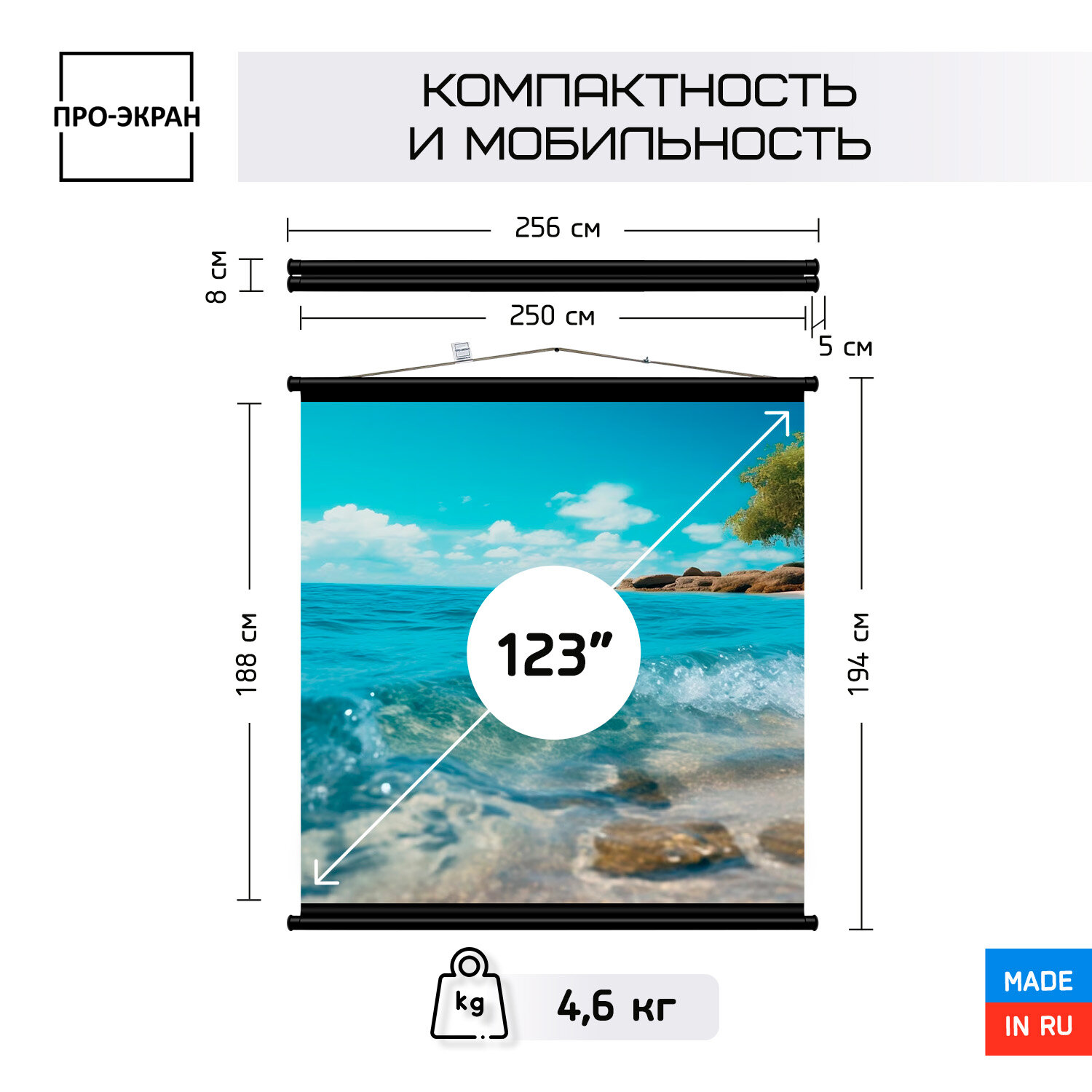 Экран для проектора про-экран 250 на 188 см (4:3), 123 дюймов
